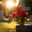 A grave with roses on it.