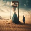 A stylized photo of a man looking at a large hourglass in a desert.