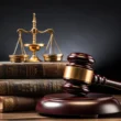 A gavel, stack of books, and a scale.