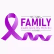 A purple ribbon logo for National Family Caregivers Month